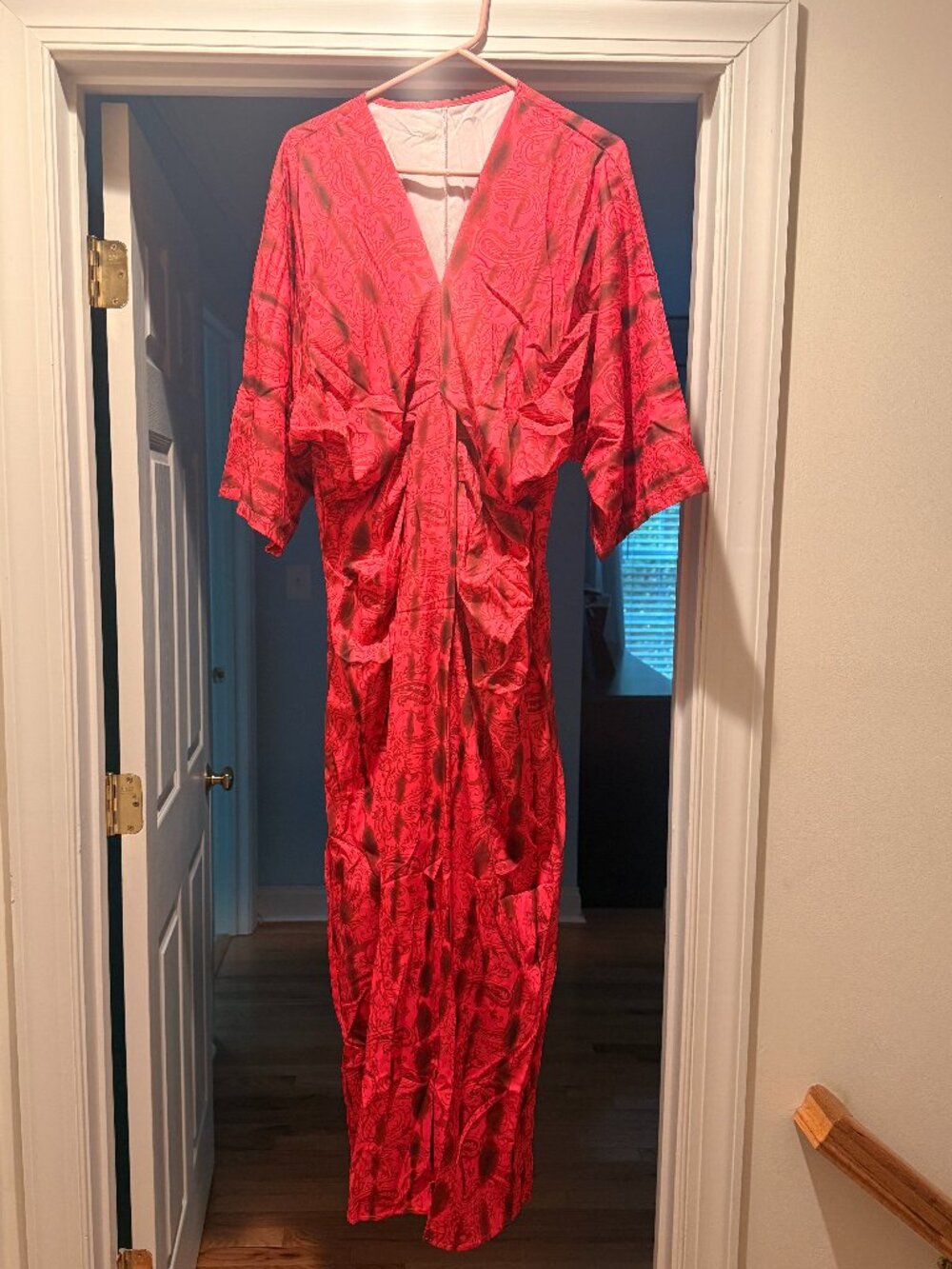 Women's Bohemian Red Print Kimono Sleeve Chiffon Maxi Dress